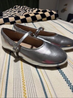Silver Mary Jane Flats for Women with Buckle Strap